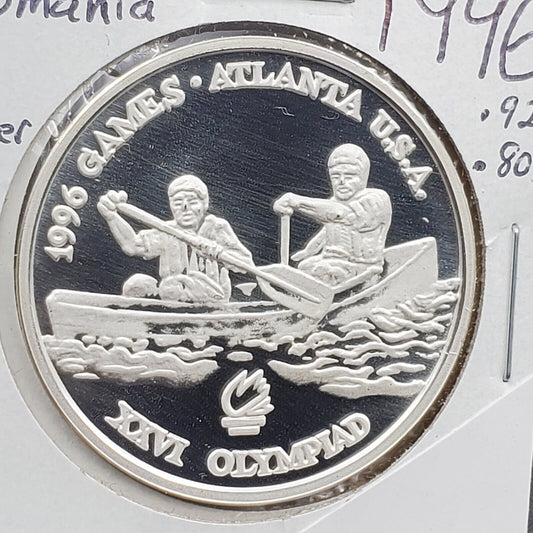 1996 Romania 100 Lei Proof - Silver .925 Atlanta Olympics Canoe GEM PROOF