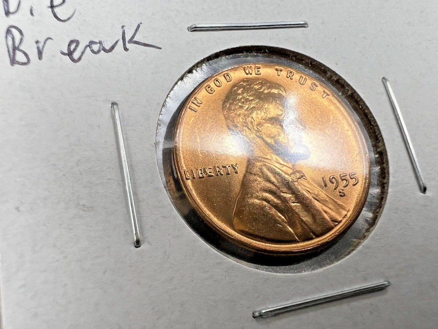 1955 S Lincoln Wheat Cent Penny CH BU Die Break chips in Liberty #G