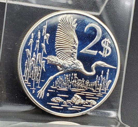 1973 Cayman islands 2 Dollars Proof .925 Silver Coin Bird GREAT BLUE HERON