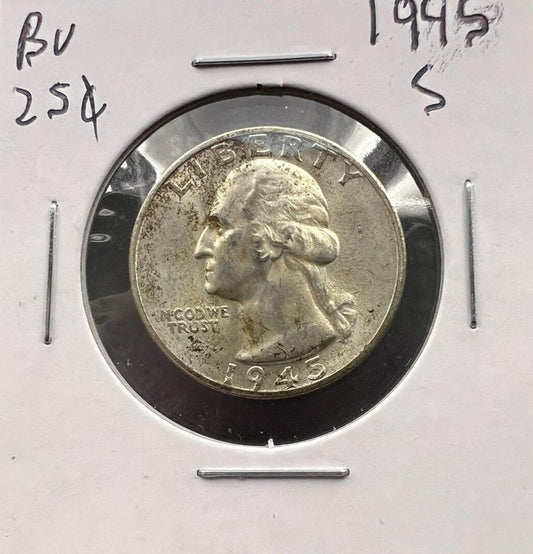 1945 S 25c Washington Silver Quarter Coin Neat Toning BU UNC