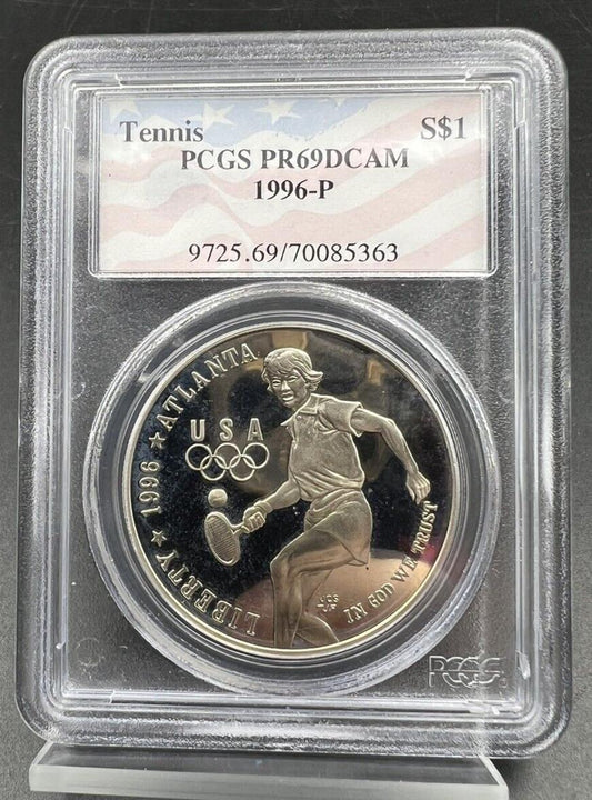 1996 P Atlanta Olympics Tennis 90% Silver USA FLAG HOLDER Dollar PCGS PR69 PROOF