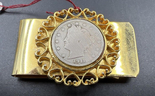 Gold Plated Money Clip with 1911 5c Liberty Head Nickel Coin Used
