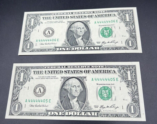 2 Consecutive 2006 $1 FRN SIXTUPLE REPEATER Serial Numbers 44444401-3 CH UNC