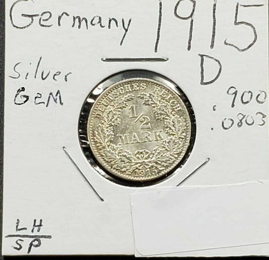 1915 D Reich Germany  1/2 Mark Silver Coin Gem BU Uncirculated
