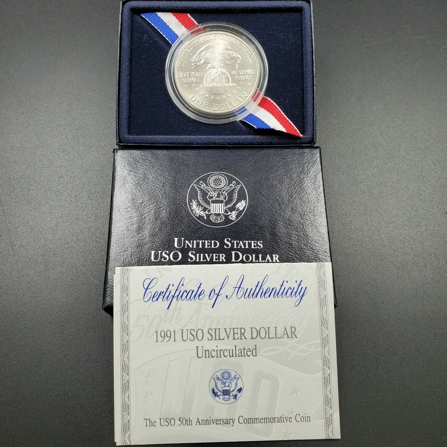 1991 USO Commemorative Silver Dollar Coin OGP