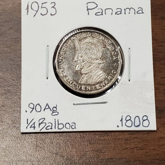 1953 Panama Silver UN CUARTO DE 1/4 Quarter Balboa Coin BU Uncirculated Toner