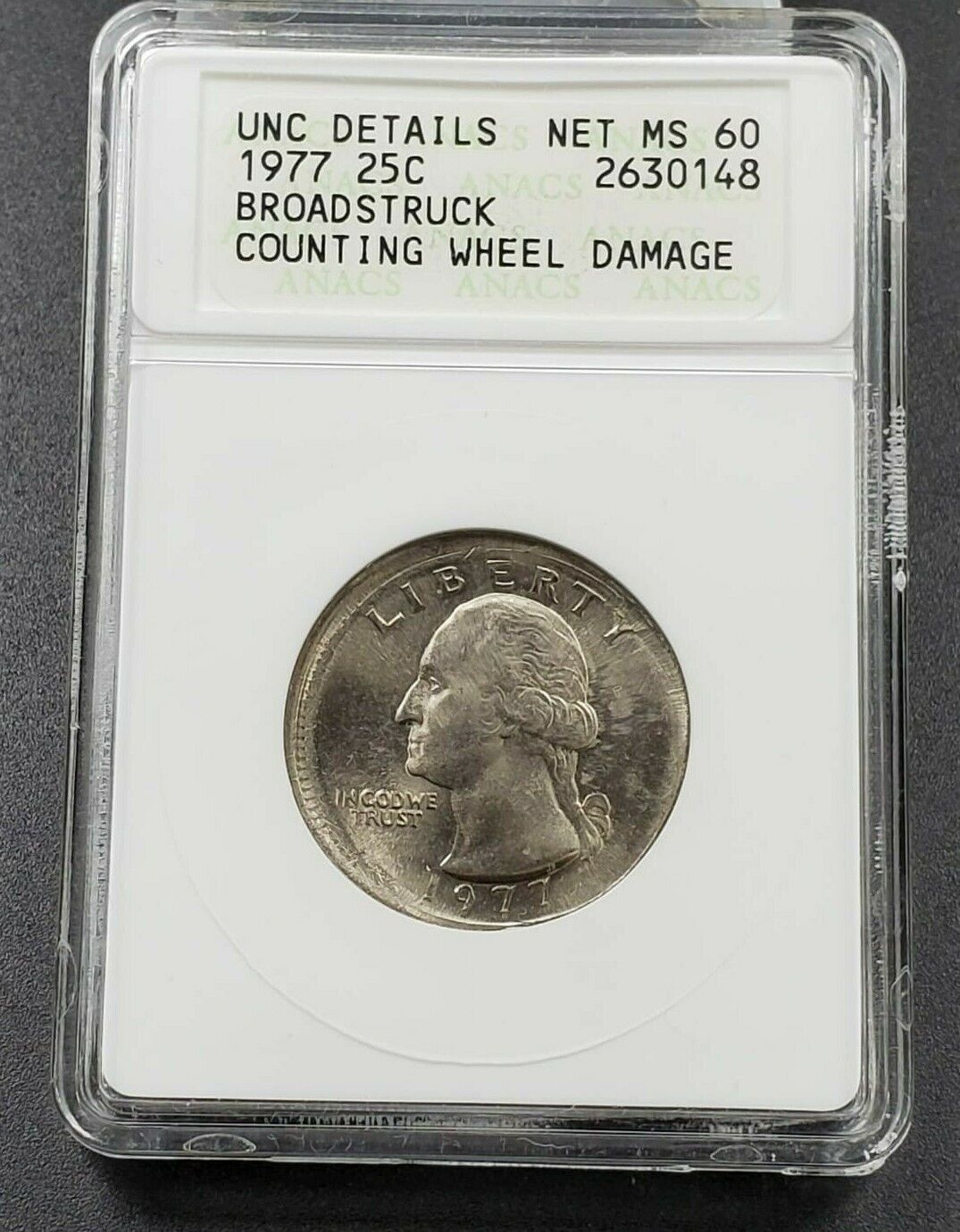 Large Broadstrike Error + Off Center 1977 P Washington Quarter ANACS UNC Details