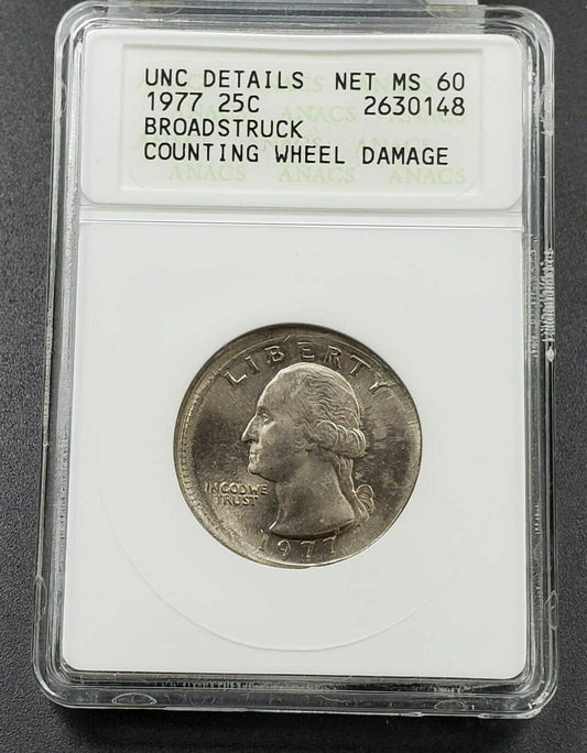Large Broadstrike Error + Off Center 1977 P Washington Quarter ANACS UNC Details
