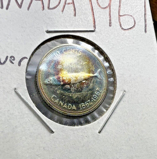 1967 10c Canada Proof Like Dime 80% Silv Coin PQ Halo Rainbow Toning Toner CH BU