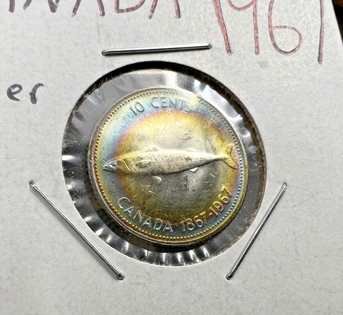 1967 10c Canada 80% Silver Dime Coin PQ Halo Rainbow Toning Toner Reverse CH BU