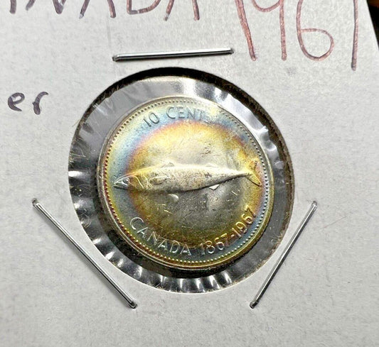 1967 10c Canada 80% Silver Dime Coin PQ Halo Rainbow Toning Toner Reverse CH BU