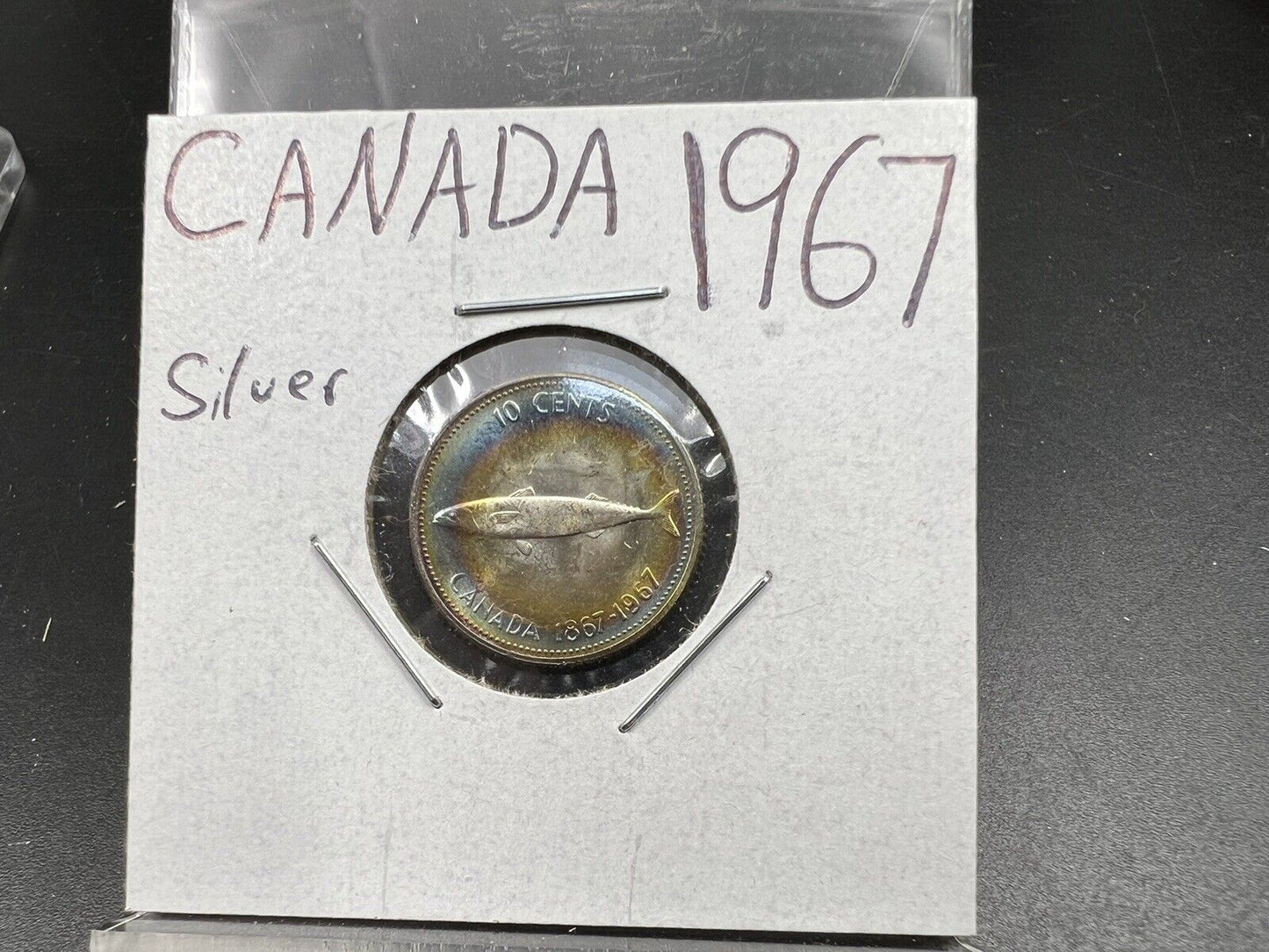 1967 10c Canada 80% Silver Dime Coin PQ Halo Rainbow Toning Toner Reverse CH BU