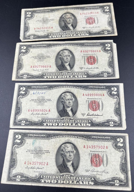 1953 A B C 4 Note Set $2 Red Seal Legal Tender Bills US Currency VG +