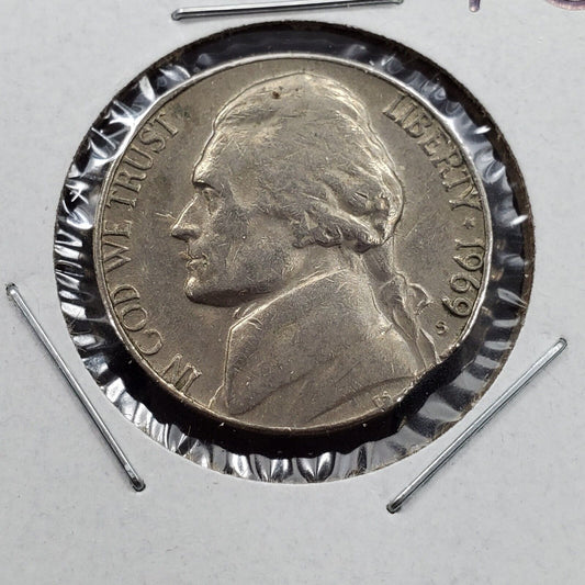 1969 S Jefferson Nickel 5c Clipped Planchet Error Coin Clip Circ