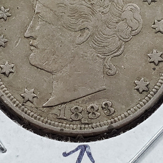 1883 No Cents Liberty V Nickel Coin Circulated Laminated On Date Error Circ Fine