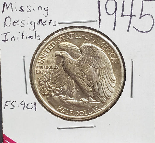 1945 P Walking Liberty Half Dollar Coin FS-901 Missing Designers Initials CH AU