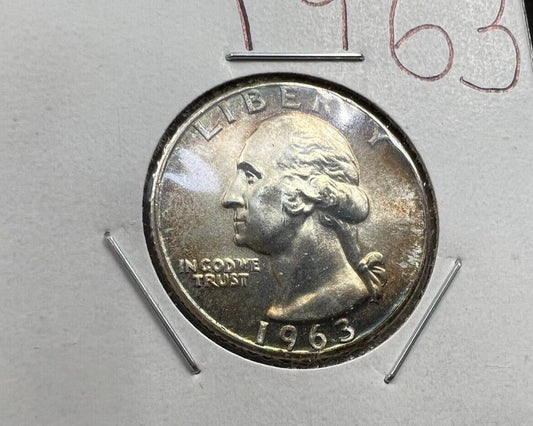 1963 P 25c Washington Silver Quarter Coin UNC Neat Toning Toner