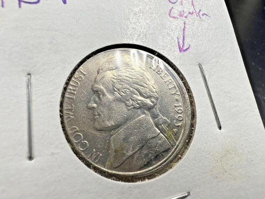 1993 P Jefferson Nickel 5c Coin Misaligned Obverse Die Error VF / XF Circ