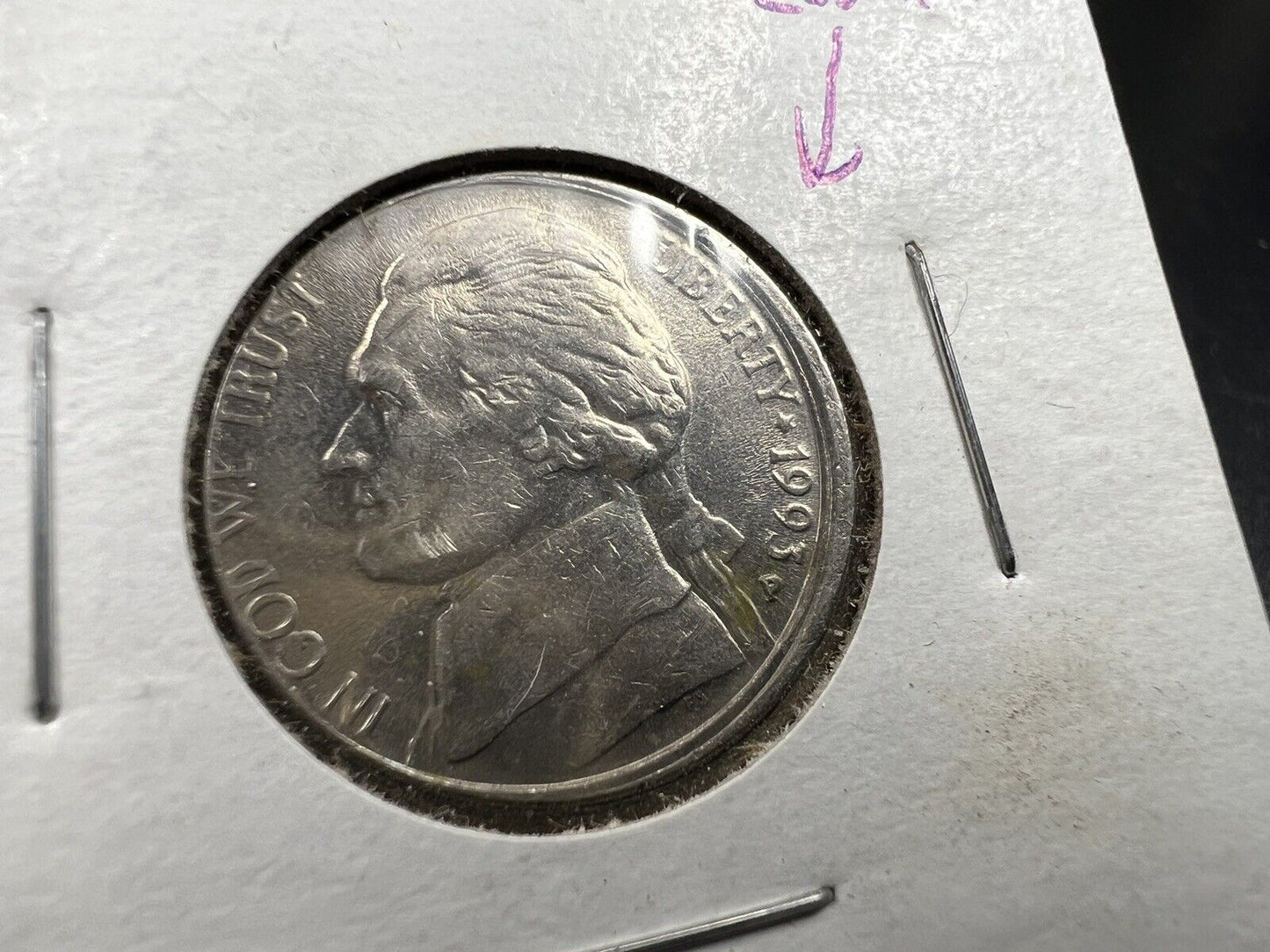 1993 P Jefferson Nickel 5c Coin Misaligned Obverse Die Error VF / XF Circ