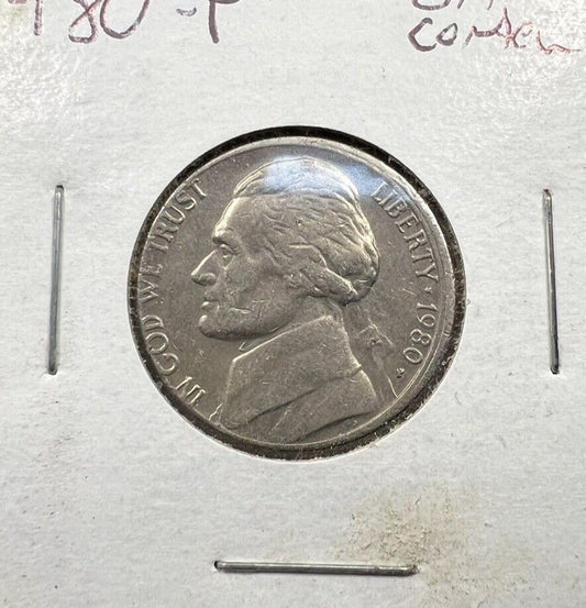 1980 P Jefferson Nickel 5c Coin SLIGHT Misaligned Obverse Die Error VF Circ
