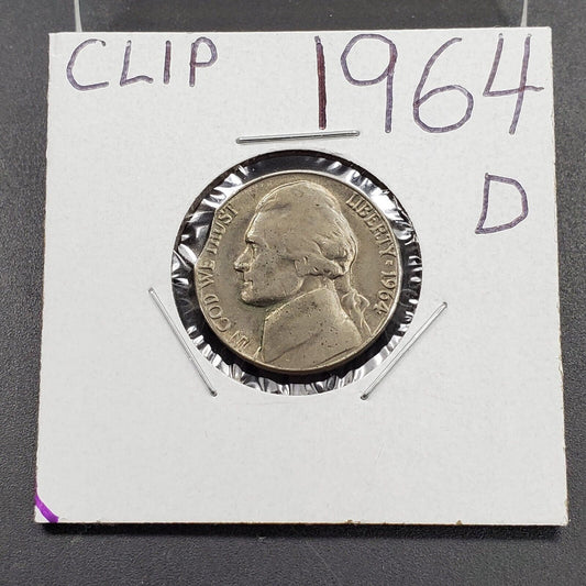 1964 D Jefferson Nickel 5c Clip Clipped Plachet Error coin AU About UNC