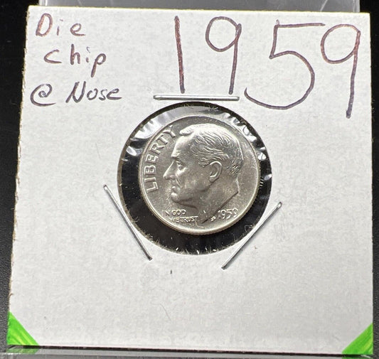 1959 P 10c Roosevelt Silver Dime Coin GEM BU FT Full Torch Die Chip OBV Variety