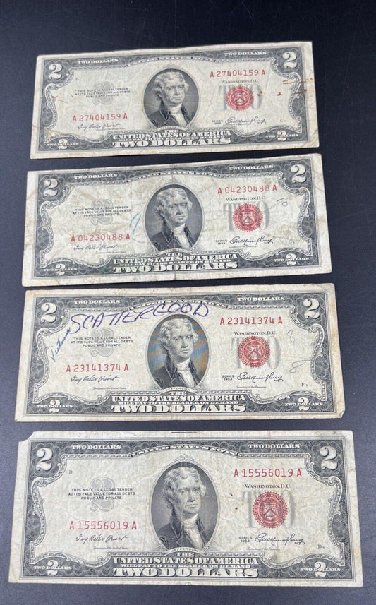 Lot of 4 1953 $2 Two Dollar United States Red Seal Legal Tender VERY CIRC