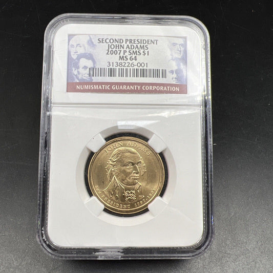 2007 P John Adams Presidential Dollar Coin NGC MS64 SMS Strike