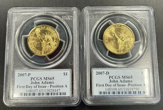 2 Dollar Set 2007 P & D John Adams Presidential PCGS MS65 FDOI Position A