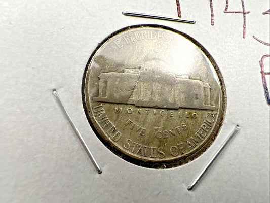1943 P WW2 35% Silver Jefferson Nickel Coin w/ Laminated planchet error Reverse