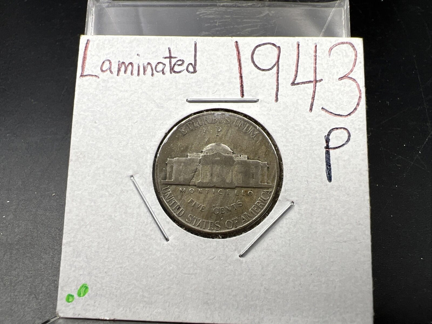 1943 P WW2 35% Silver Jefferson Nickel Coin w/ Laminated planchet error Reverse
