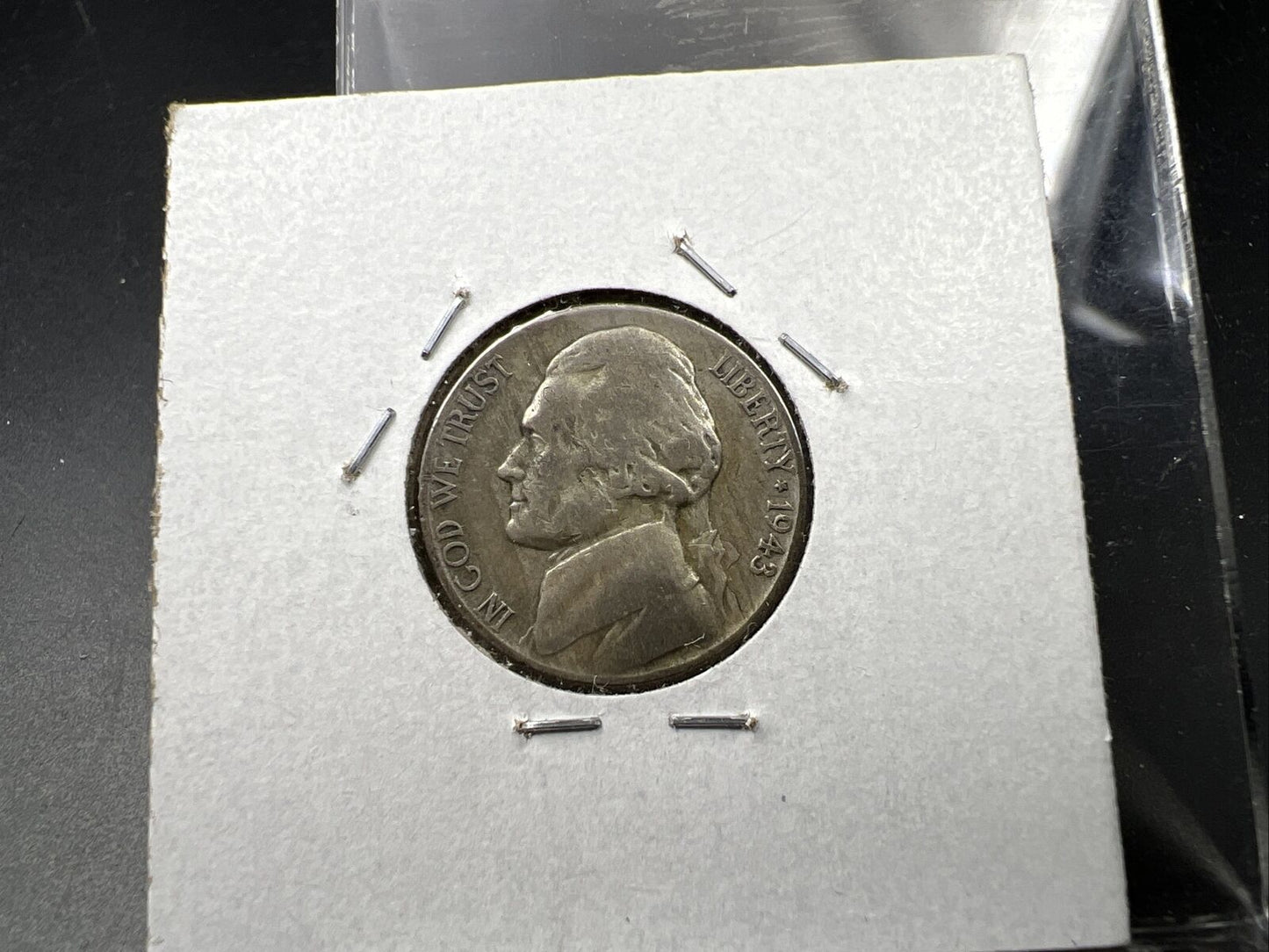 1943 P WW2 35% Silver Jefferson Nickel Coin w/ Laminated planchet error Reverse