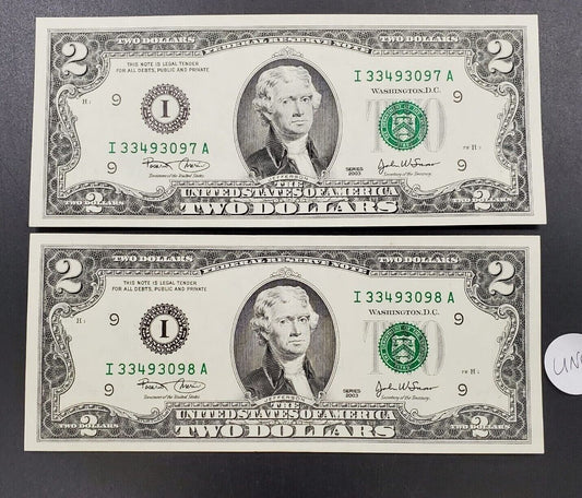 2 CONSECUTIVE $2 2003 FRN FEDERAL RESERVE NOTE CH UNC GREEN SEAL #2