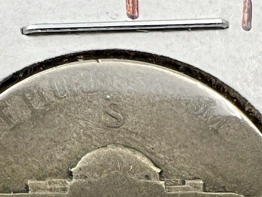 1944 S 5c WW2 Jefferson 35% Silver Nickel Coin Die Crack through S Circ Variety