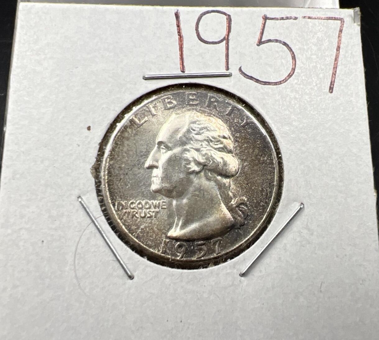 1957 P 25c Washington Silver Quarter Coin CH AU about unc nice toning toner
