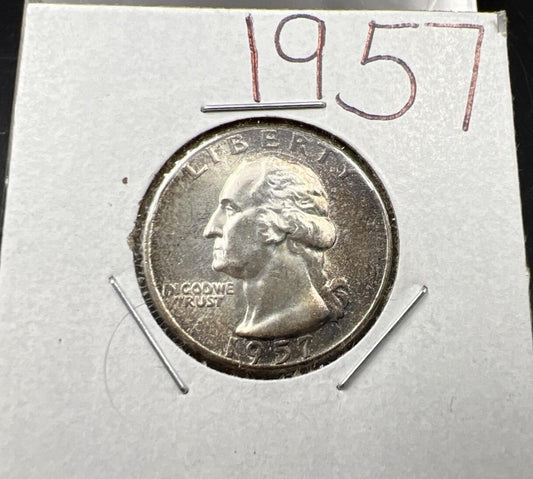 1957 P 25c Washington Silver Quarter Coin CH AU about unc nice toning toner