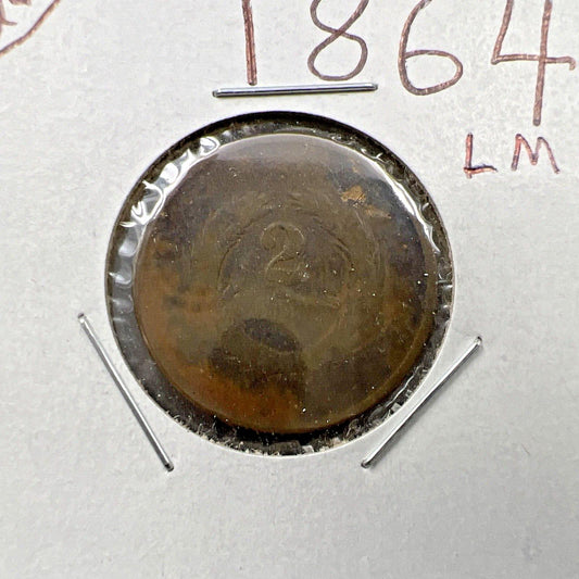 1864 P 2C Two Cent Copper Coin LM Large Motto AG / Fair details