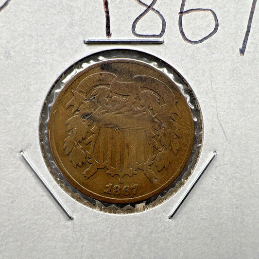 1867 P 2c Two Cent Copper Coin Circulated G / VG