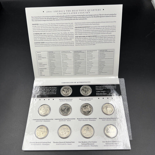 2016 America The Beautiful Uncirculated Quarter P & D Set - 10 Quarters Gem BU