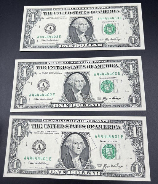 3 Consecutive 2006 $1 FRN SIXTUPLE REPEATER Serial Numbers 44444401-3 CH UNC