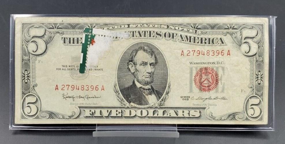 1963 $5 Five Dollar United States Red Seal Note Bill Circulated Fine Detail Stam