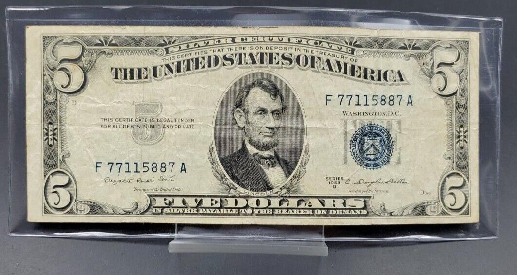 1953 B $5 Silver Certificate Blue Seal US Currency Bill Circ VG Repeat Serial #A