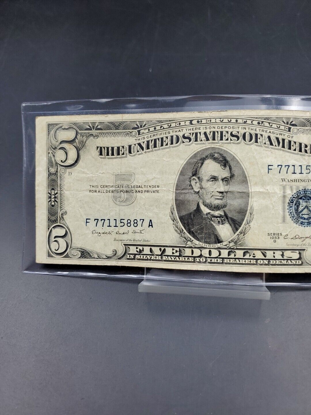 1953 B $5 Silver Certificate Blue Seal US Currency Bill Circ VG Repeat Serial #A