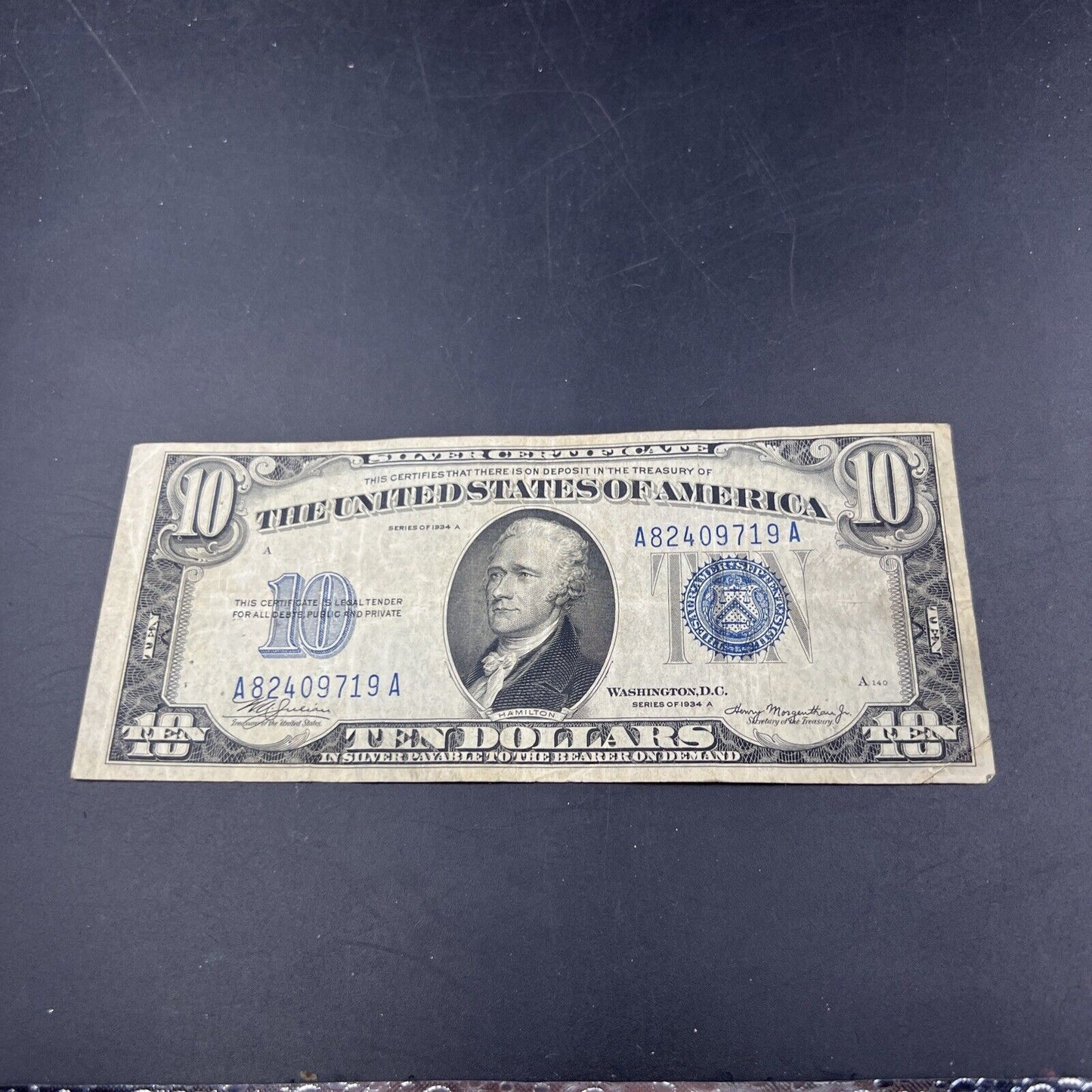 1934 A $10 Ten Dollar Blue Seal Silver Certificate Note Bill CH Fine / VF