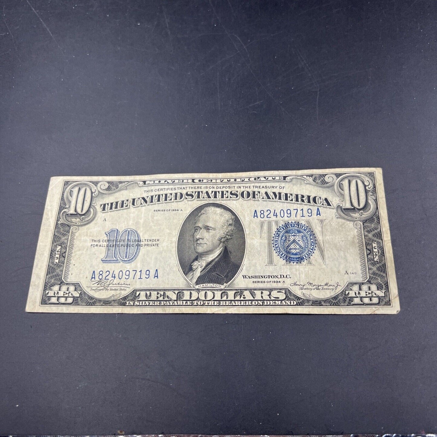 1934 A $10 Ten Dollar Blue Seal Silver Certificate Note Bill CH Fine / VF