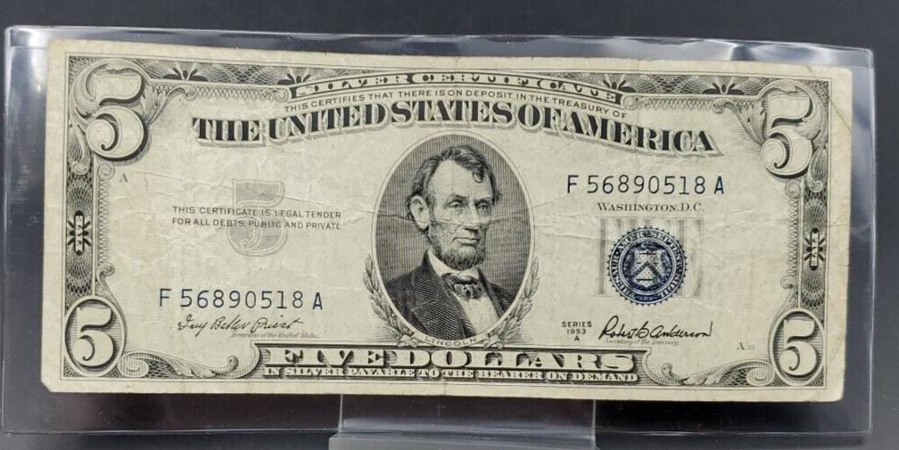 1953 A $5 Silver Certificate Blue Seal US Currency Bill Circ Fine #518