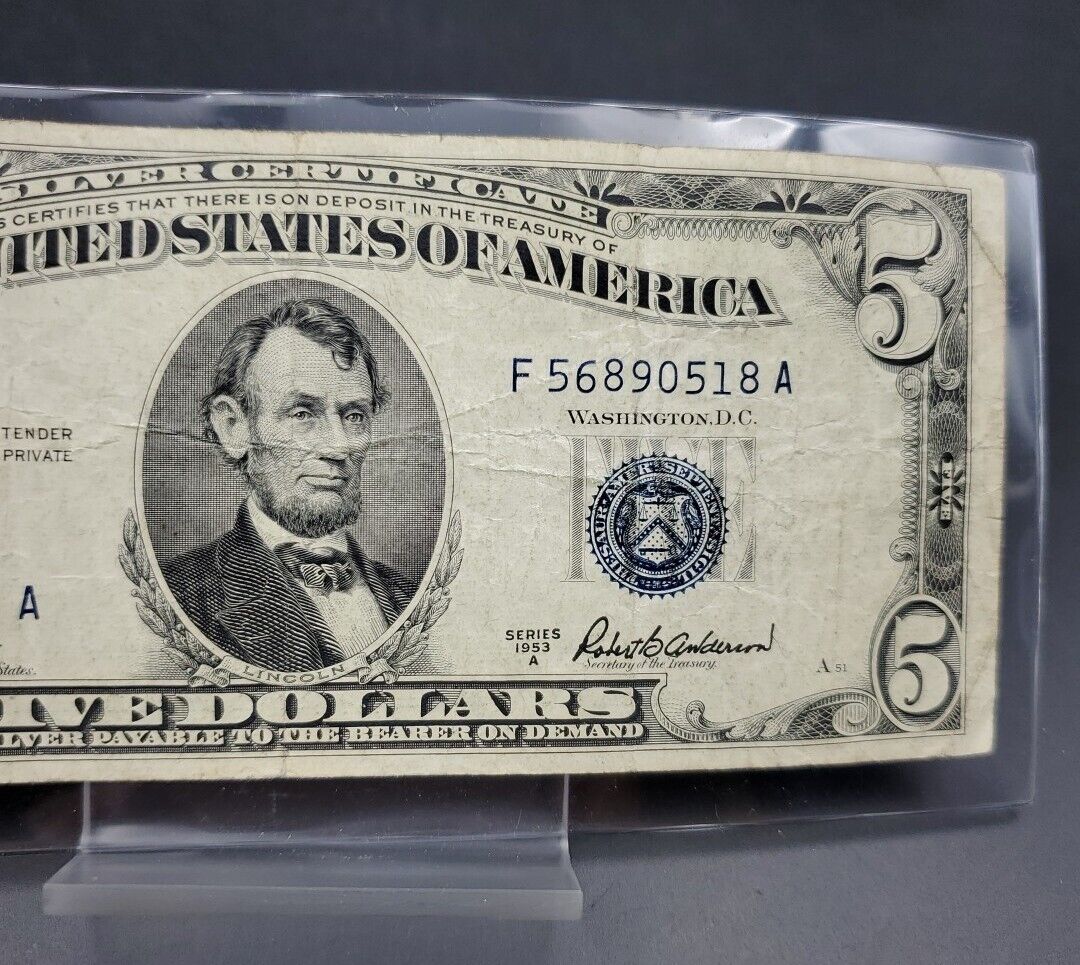 1953 A $5 Silver Certificate Blue Seal US Currency Bill Circ Fine #518