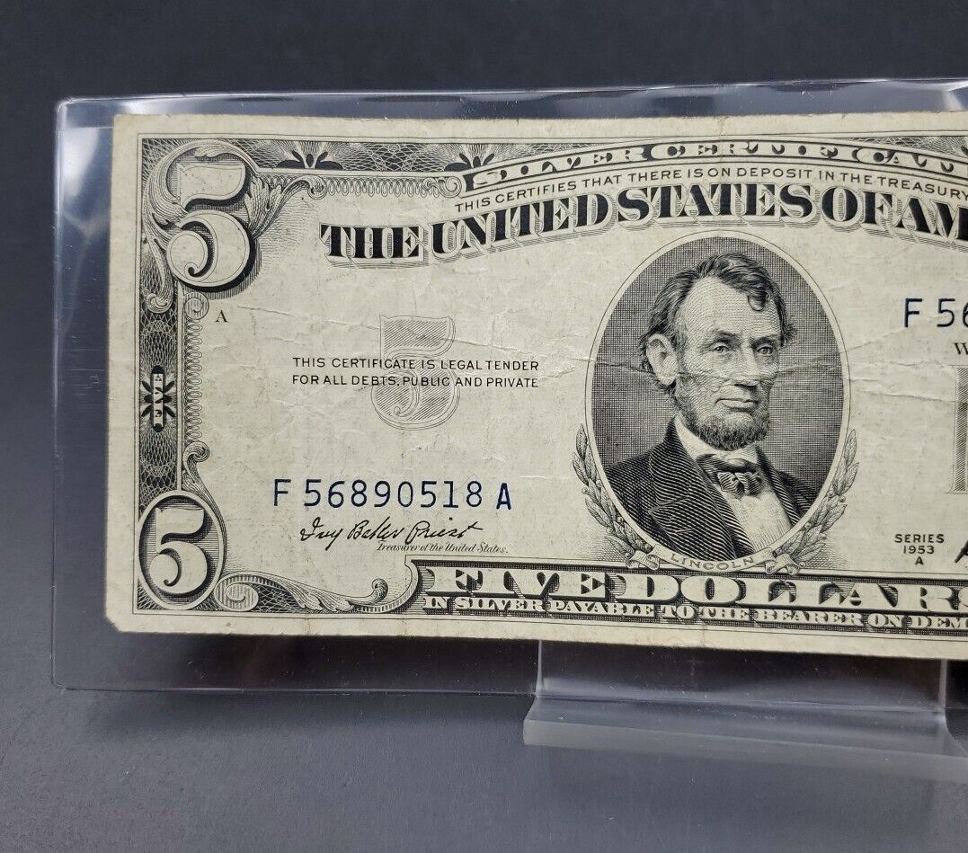 1953 A $5 Silver Certificate Blue Seal US Currency Bill Circ Fine #518