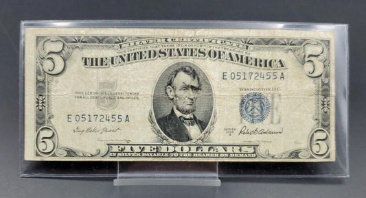 1953 A $5 Silver Certificate Blue Seal US Currency Bill Circ VG #455