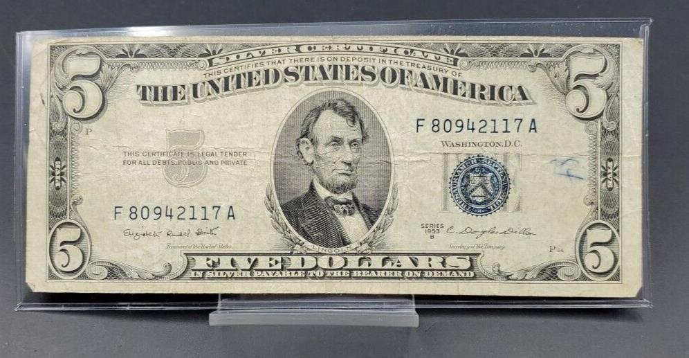 1953 $5 Silver Certificate Blue Seal US Currency Bill Circ VG #117